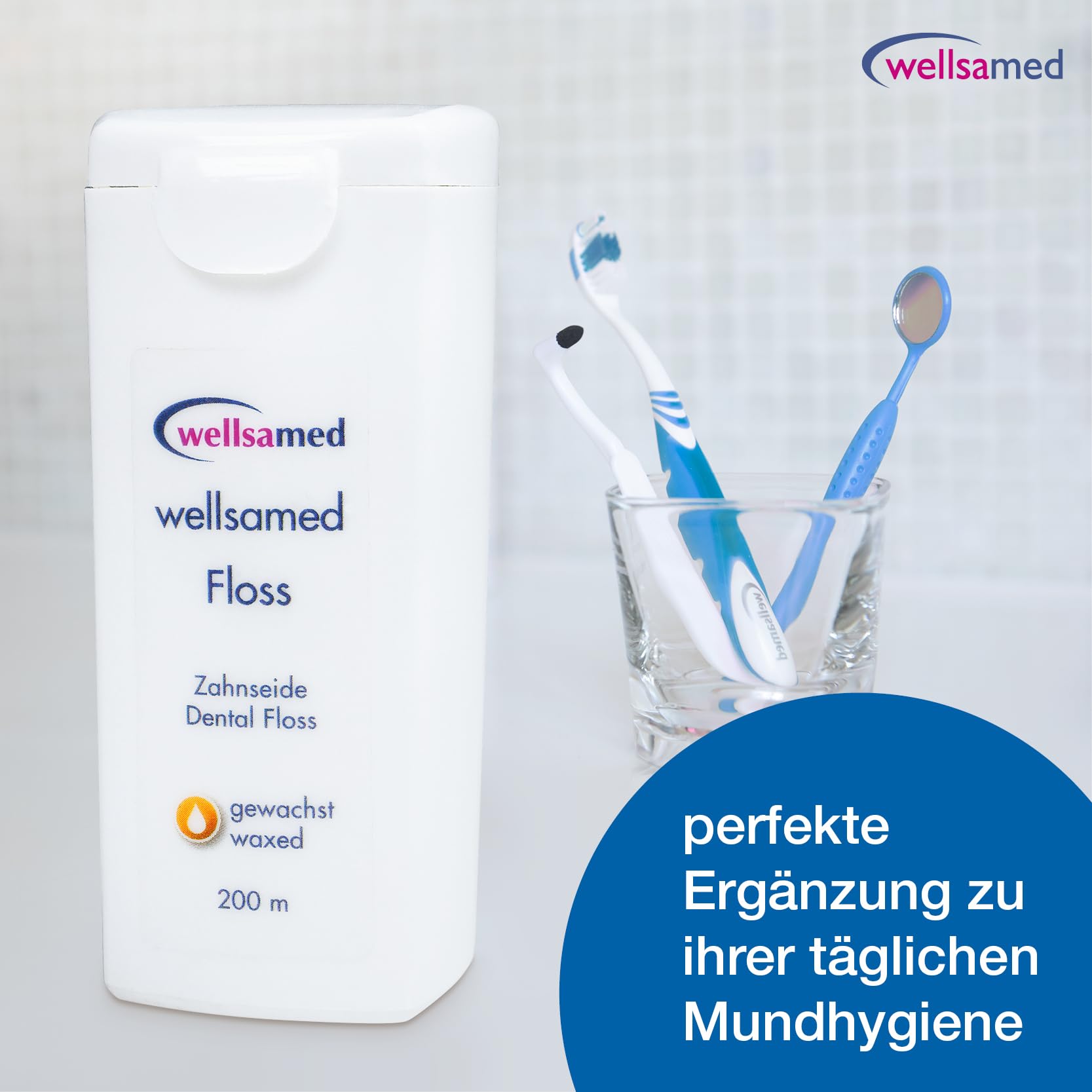Wellsamed gewachste Zahnseide im 200m Spender Geschmacksneutral, für eine gründliche Zahnzwischenraumpflege (40 Stück)