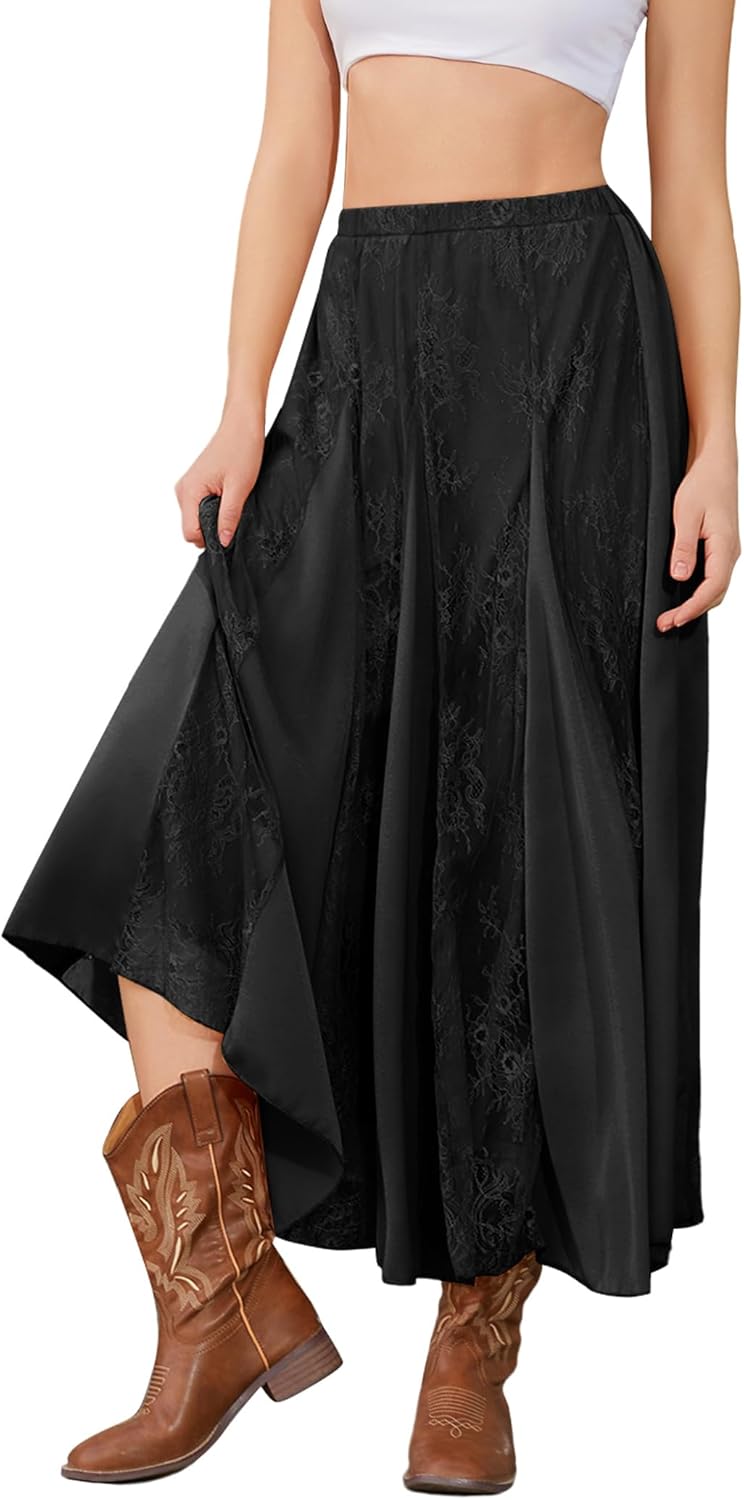 Women's Satin Maxi Skirt High Waist Lace Patchwork Flowy A-Line Long Skirt with Slit for Party Cocktail Bohemian