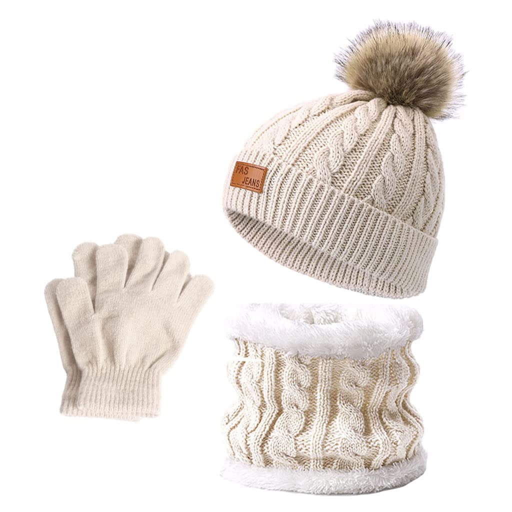 Women's Winter Beanie Hat Scarf 3PC Set Knitted Outdoor Fleece Lining beige-image-36