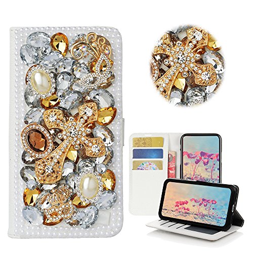 STENES Sparkle Wallet Phone Case Compatible with Google Pixel [Stylish] 3D Handmade Bling Mask Cross Crystal Diamond Design Girls Women Cover - Gold