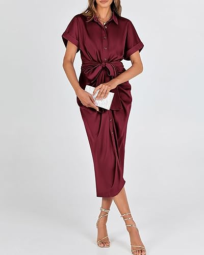 Miniatura 8 de BTFBM Vestidos camiseros para mujer, con botones, manga corta, satén, fruncido, maxi vestido de verano 2026, cóctel, fiesta, invitada de boda