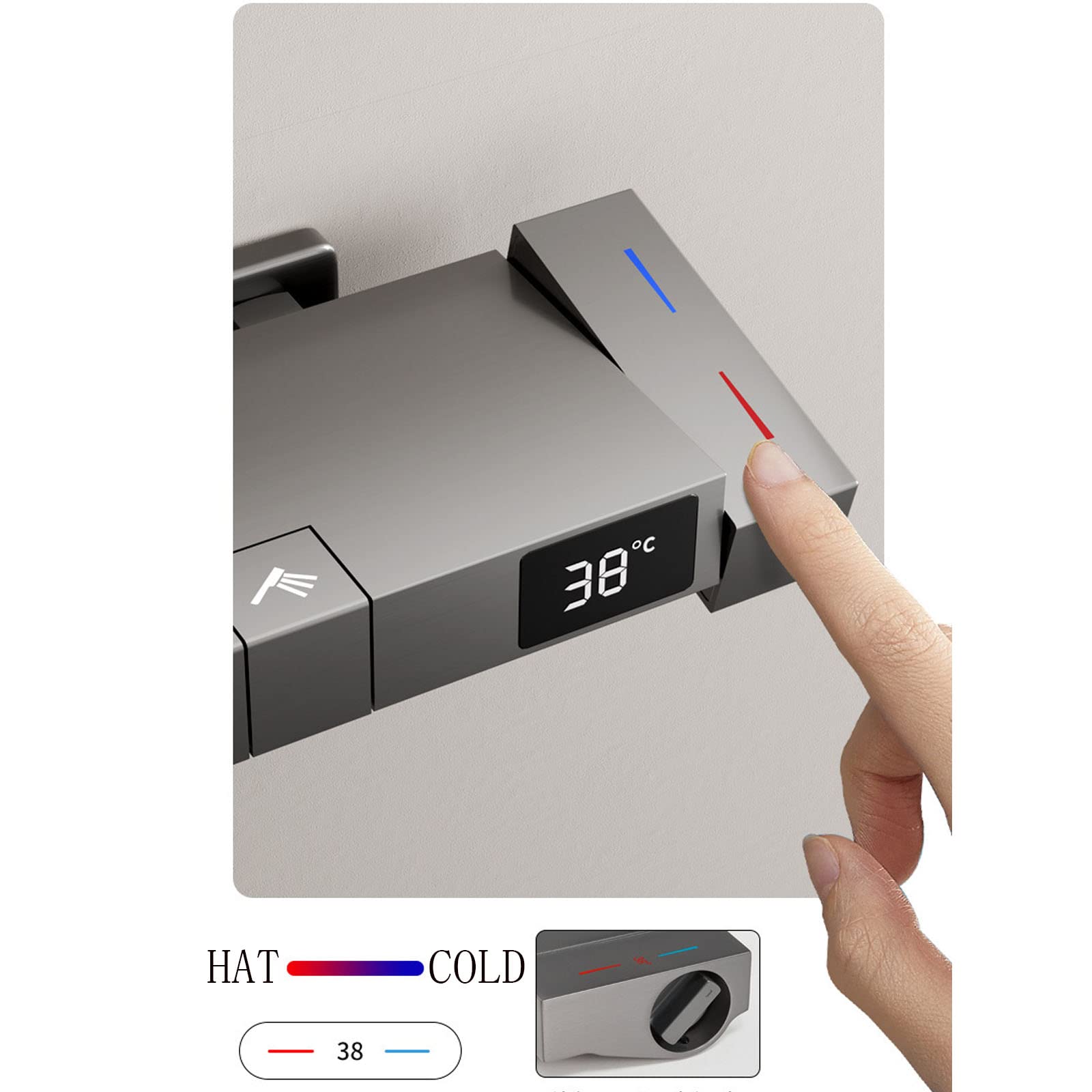 Zestaw prysznicowy termostatyczny w kolorze szarym, wyświetlacz temperatury, system natryskowy na zewnątrz, głowica natryskowa z deszczownicą i ręczną baterią prysznicową do łazi