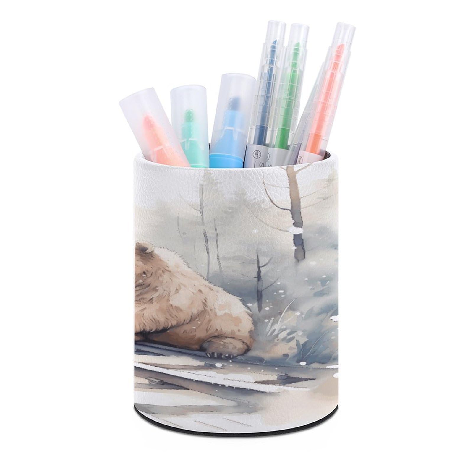 FekiLoot - Bear on Train Pen Holder Customizable Computer Office Accessories Round Pen Container Box Desk Organizer Stand