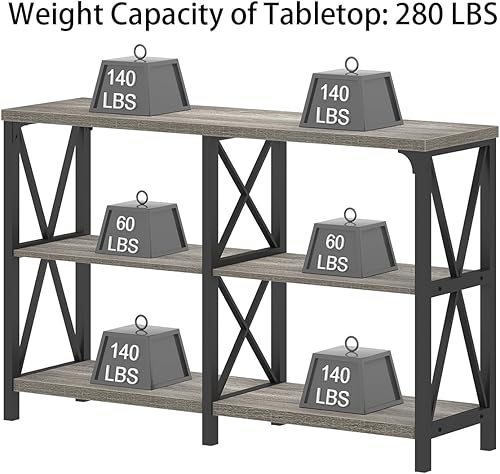 Miniatura 40 de IBF Mesa de entrada de granja, mesa consola larga rústica detrás del sofá, moderna mesa de sofá de madera de metal con estantes de almacenamiento,