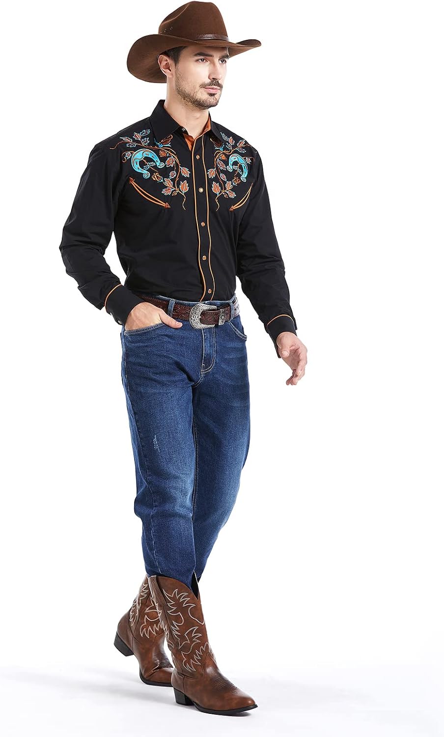 EL PIONERO Men's Floral and Horseshoe Embroidered Long Sleeve Retro Western Cowboy Shirt - Image 3