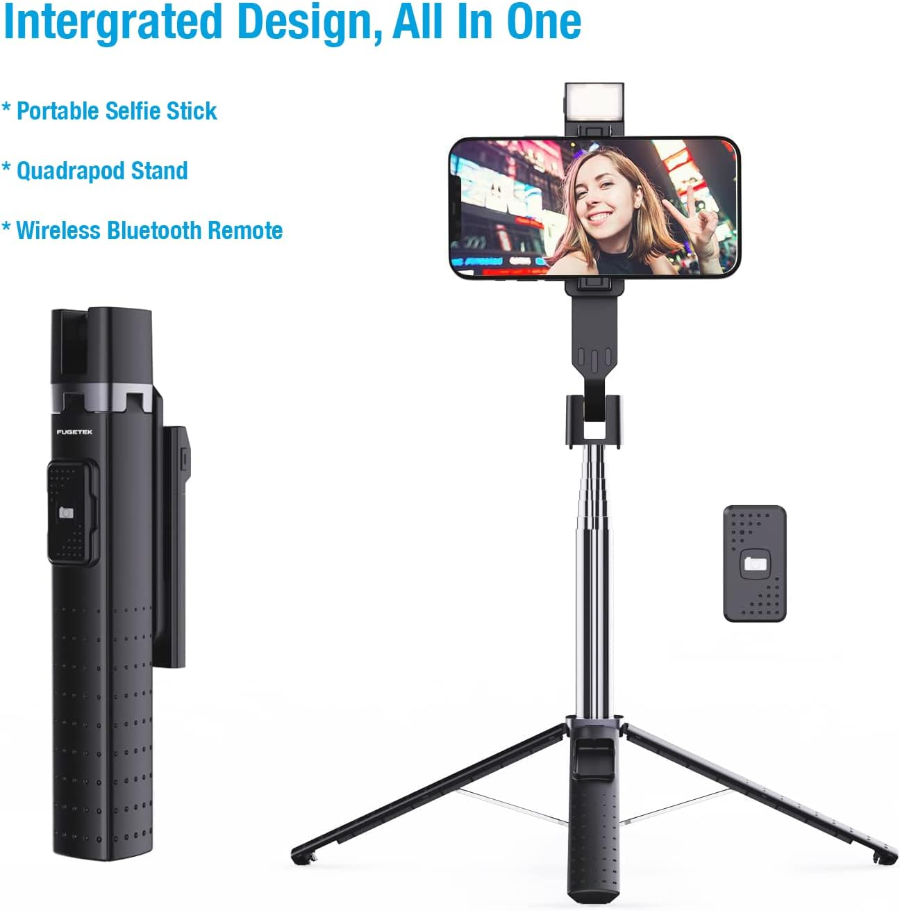 Fugetek FT-557-B Integrated Design showing selfie stick, remote, and phone holder.
