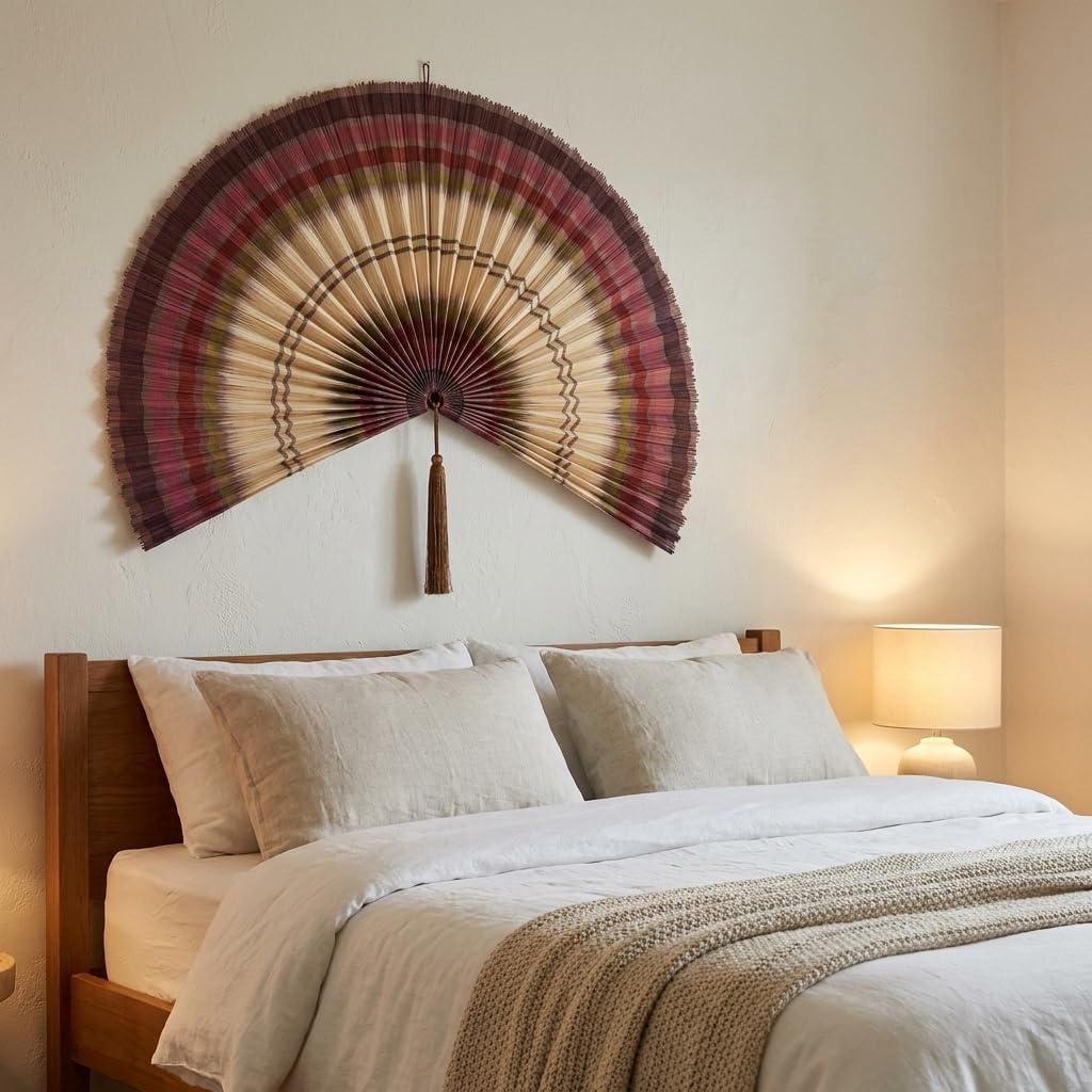 Bamboo Fan Wall Decor – Large Handmade Boho Wall Art, Oversized Foldable Fan for Bedroom Headboard, 50 inches