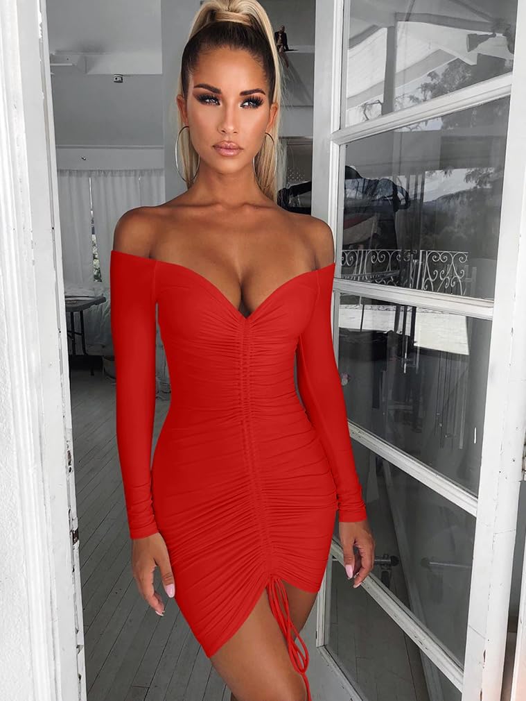 XXTAXN Women's Sexy Elegant Long Sleeve Off The Shoulder Ruched Mini Dress - Image 8