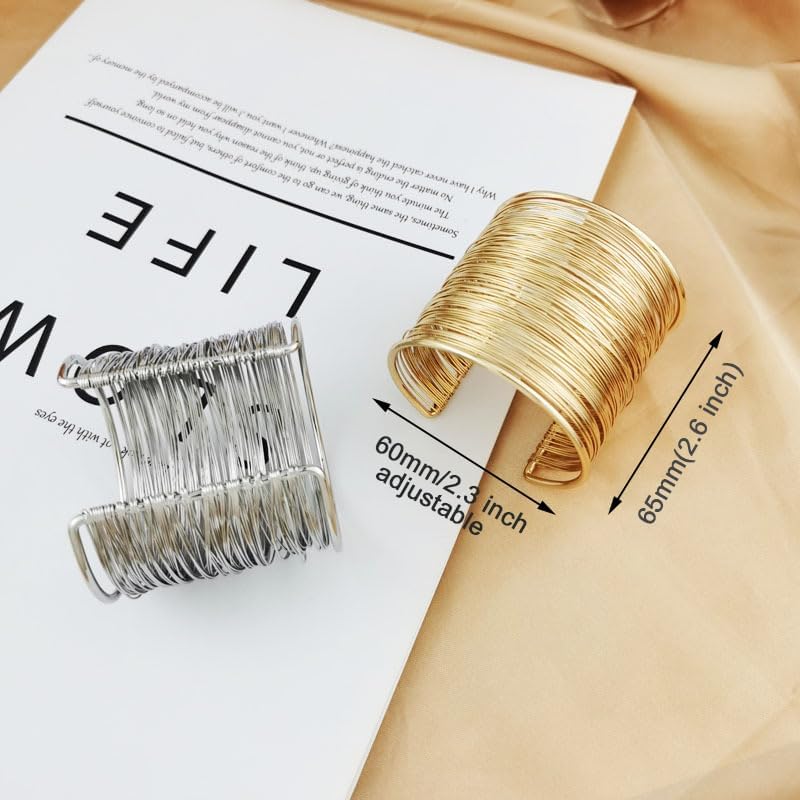 2Pcs Cuff Bangle Bracelet for Women Open Wide Wire Bracelets Gold Wrist Cuff Wrap Bracelet Adjustable - Image 3