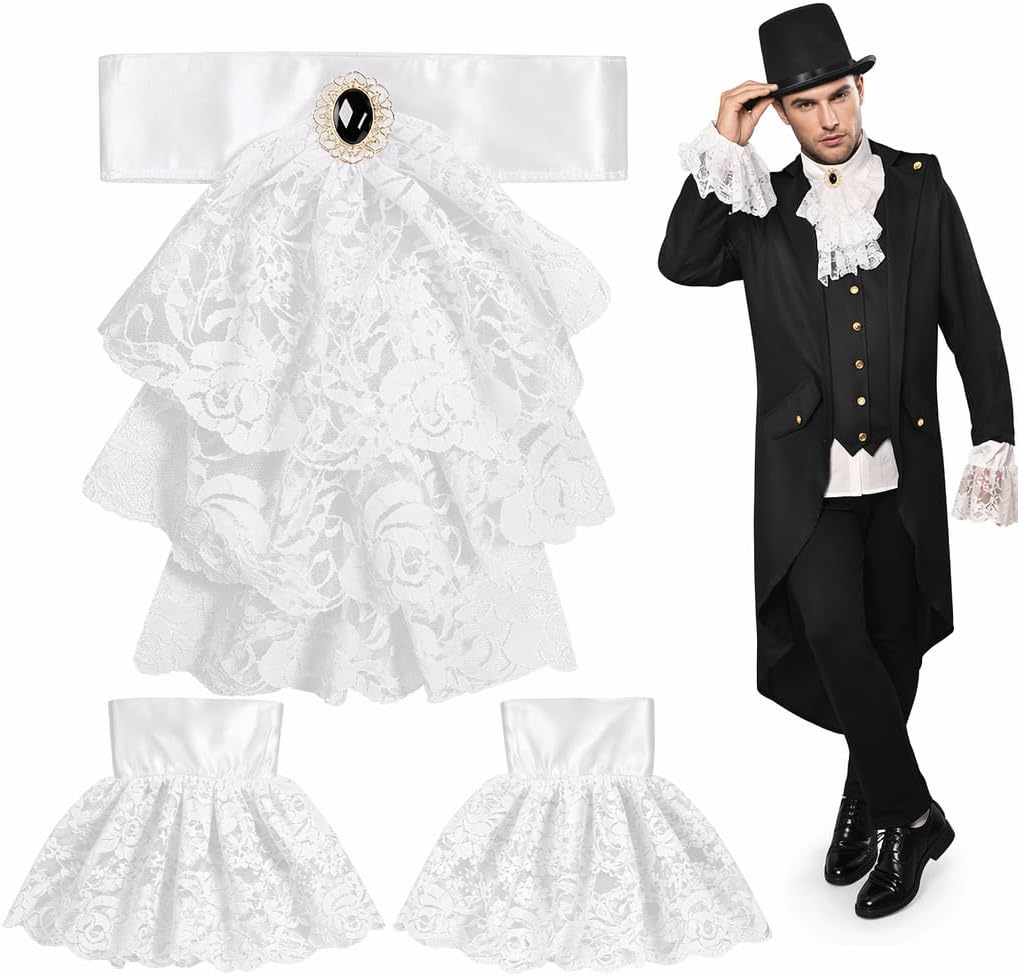 Jabot Lace Set with 2 Ruffle Cuffs, Colonial Costume Accessory