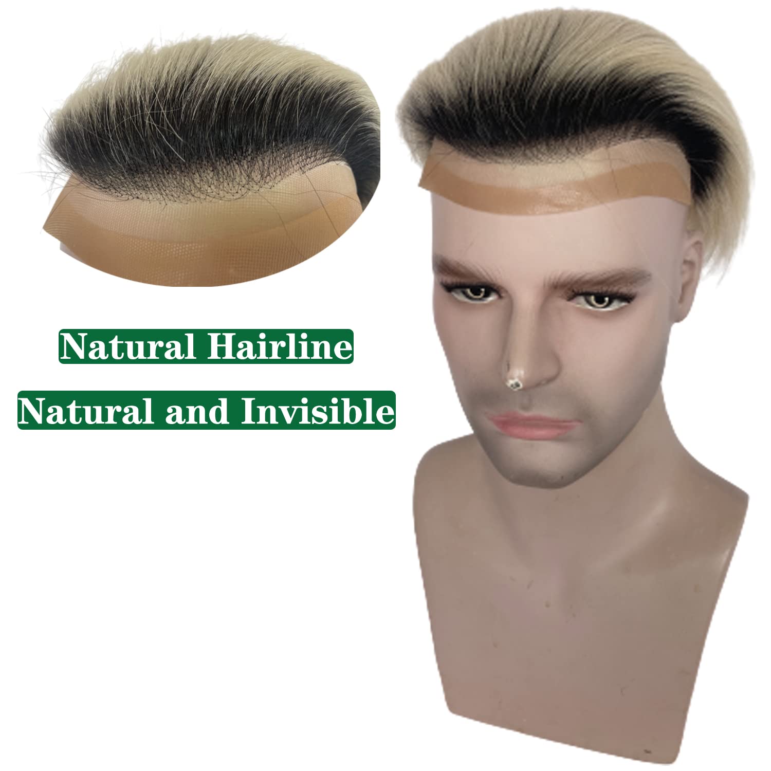 1B Black Roots Ombre #60 Platinum Blonde Color Mens Replacement System Toupee Supper Fine Mono with Thin Skin and French Lace Front Medium Density