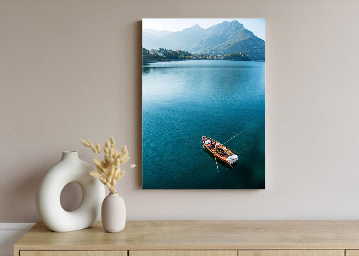 VERRE ART Printed Framed Canvas Painting for Home Decor Office Wall Studio Wall Living Room Decoration (10x14 inch Wrapped Frame) - Boat On Lake Scenery #2