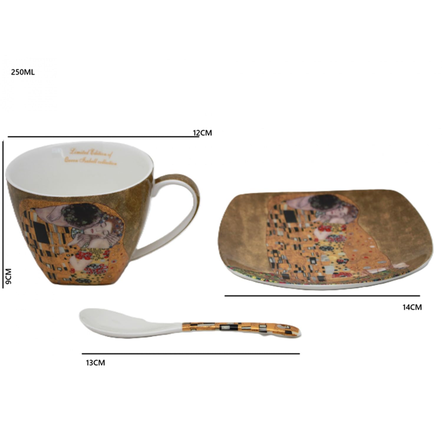 Juego de 2 tazas de porcelana con cucharas de Klimt De Kiss 250 ml | Fine Bone | elegante juego de regalo con diseño artístico Gustav Klimt | porcelana de lujo en caja