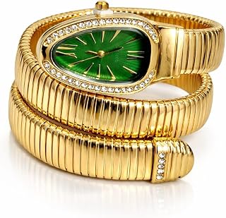 Generic Koil Snake Luxe Women’s Bracelet Watch – Gold Stainless Steel Wraparound Snake Watch with Green Dial & Crystal Studded Case | Japanese Quartz Analog Watch for Ladies.