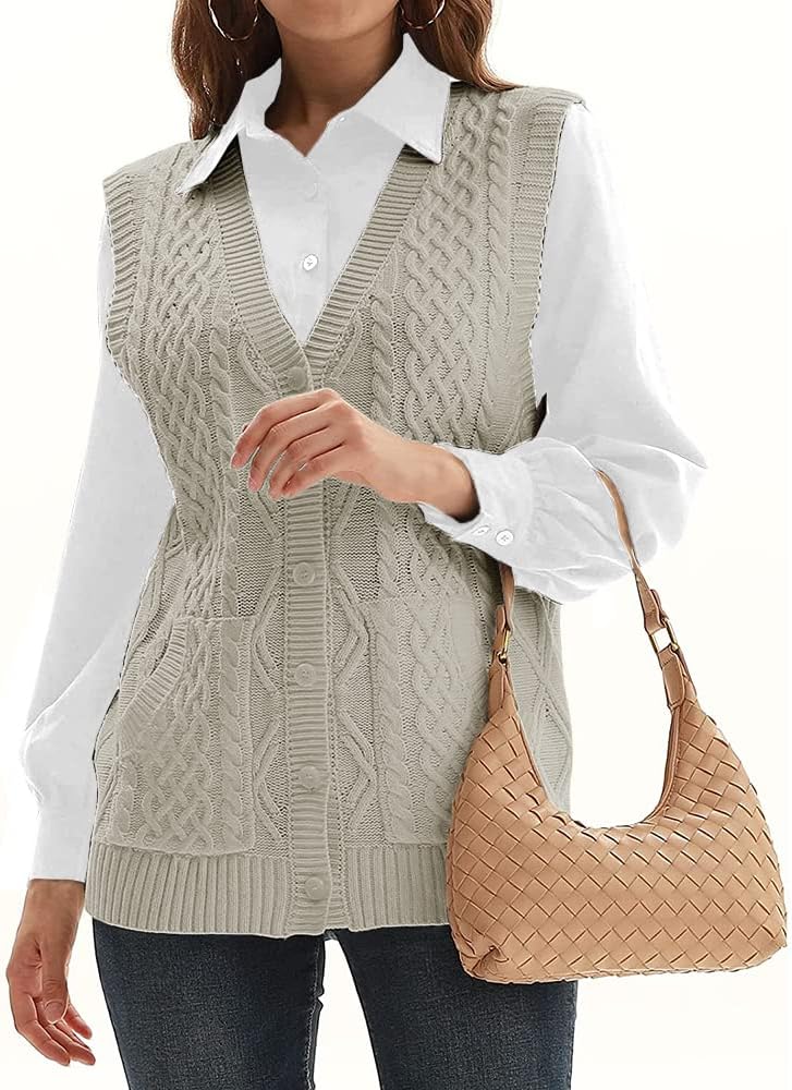 Womens’Knit Sweater Vest V Neck Sleeveless Cardigan Button Down Sweater Pocket Outwear Tops - Image 3