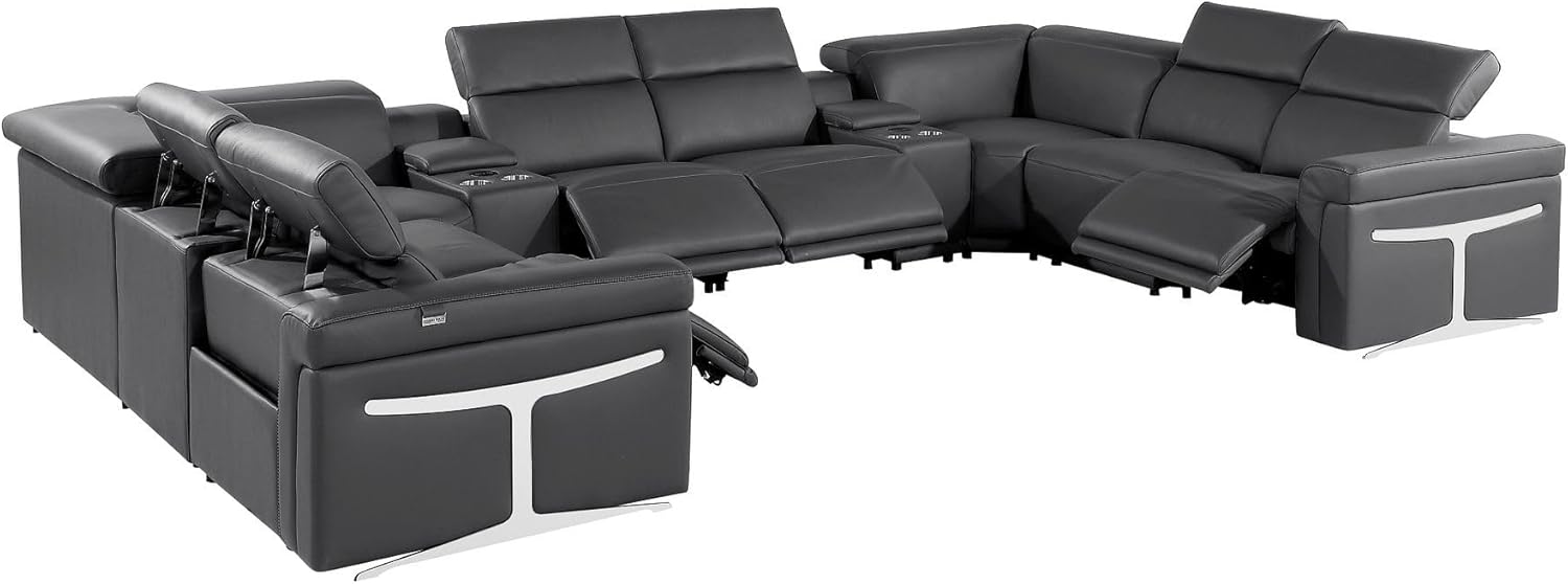 HomeRoots Dark Gray Italian Leather Power Reclining U Shaped Ten Piece Corner Sectional with Console