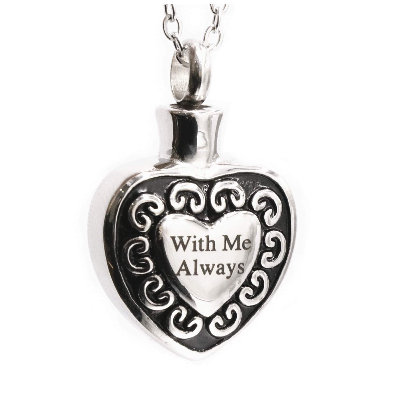 ATOPwith Me Always Heart Cremation Urn Necklace for Ashes Memorial Keepsake Pendant，Carved Locket Stainless Steel Keepsake Waterproof Memorial Pendant for Love,with Tool