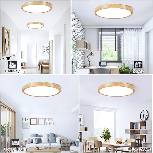 Miniatura 6 de Lámpara de techo LED de grano de madera amarilla de 12 pulgadas, montaje empotrado, alfombrilla de ABS, 6000 K blanco frío, 24 W, lámpara de techo