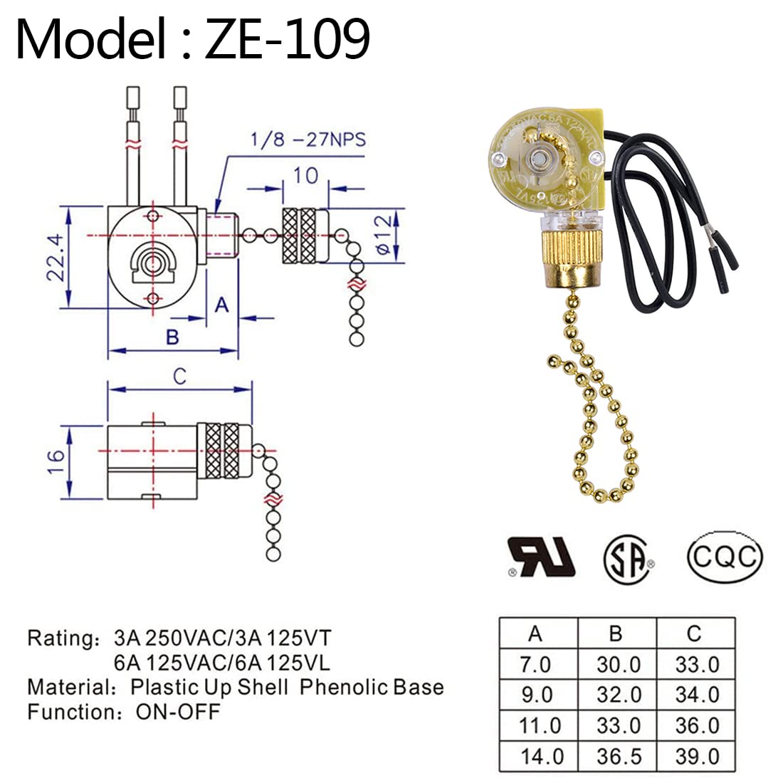 Ceiling Fan Light Pull Chain Switch Ze-109 Two-Wire Zing Ear On/Off Compatible With Hunter Fan Replacement 3 Pcs (Brass)