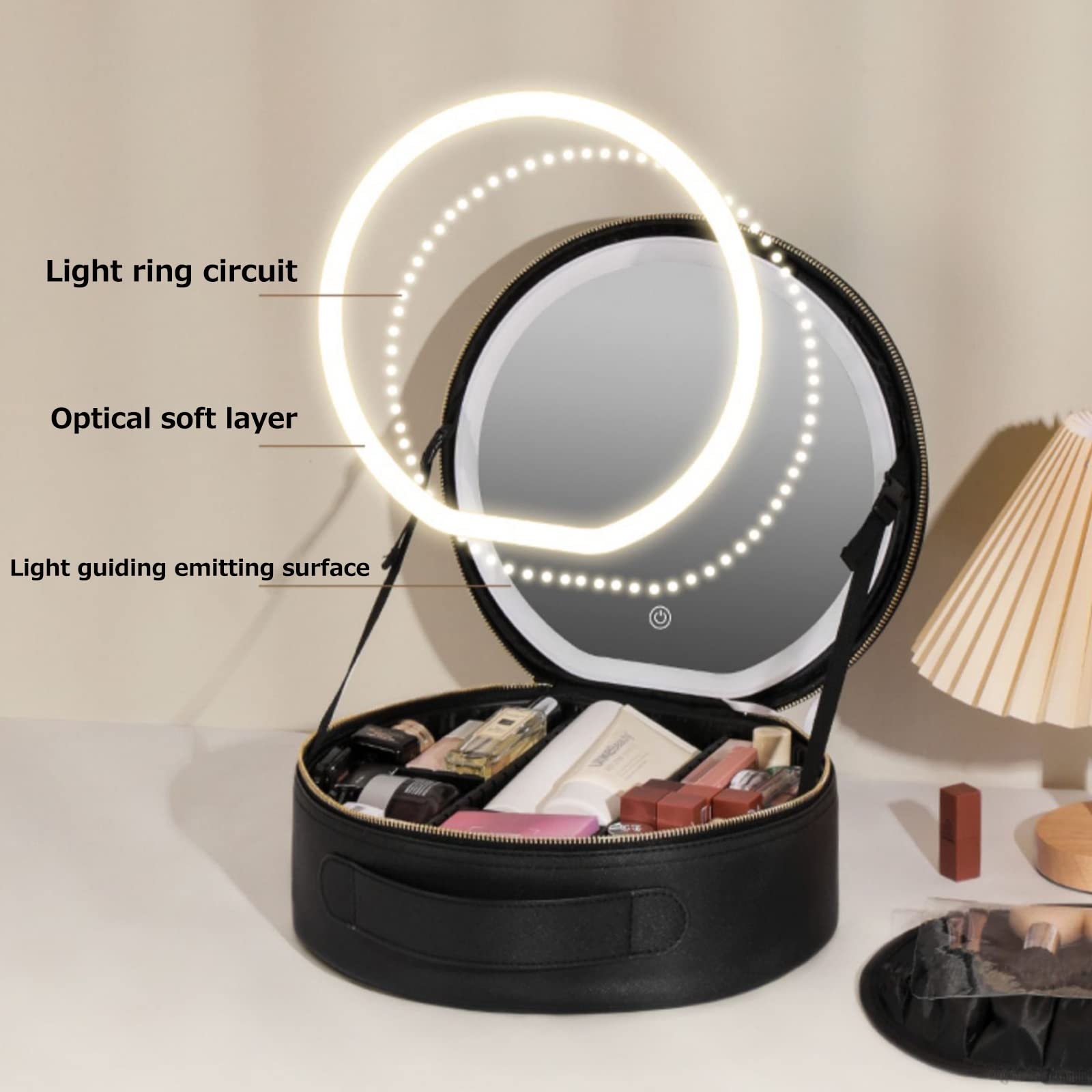 HJXGQJM Professionale Portatile Trousse Make Up Organizers Trucchi Ragazza Valigetta Porta Trucchi, Porta Trucchi con LED, Rotondo Beauty Case da Viaggio,con Divisorio Valigetta Trucchi,Nero(Pink)