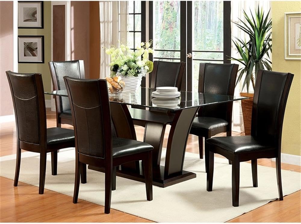 BOWERY HILL Contemporary Wood Dining Table, Brown Cherry Finish, 72" W x 42" D x 31" H, Tempered Glass Top, Solid Wood and Veneer Construction, Curved Panel Base, Modern Style Dining Room Table