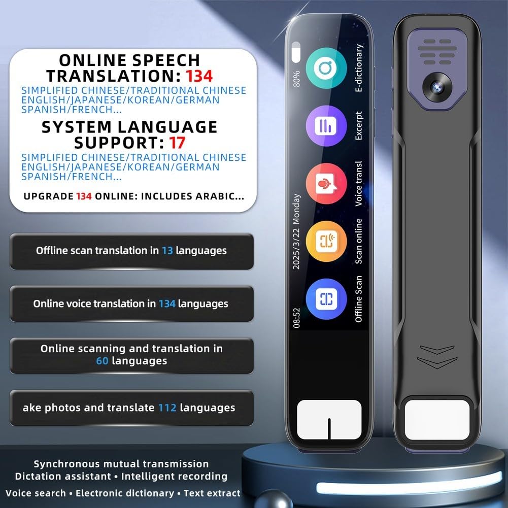 Translator Pen Smart, 134 lingue online, supporto offline per dislessia scansione lettura strumento di apprendimento studenti voce audio (nero)