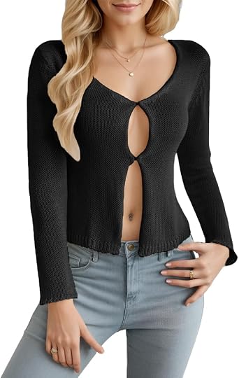 Women Sexy Open Front Button Down Knit Crop Cardigan Sweater Fall Long Sleeve Cut Out Crochet Cropped Tee Tops