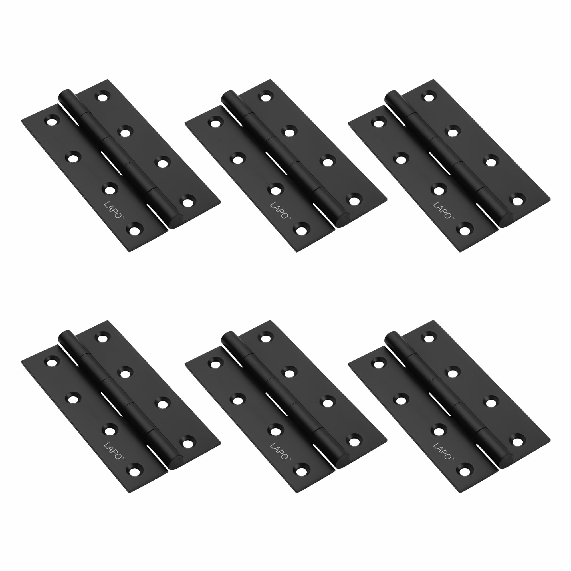 LAPO Stainless Steel Butt Hinges, 5 Inch x 12 Gauge/2.5mm Thickness, Plain Joint Door Hinges, Quiet Operation, Ideal for Residential & Commercial Door, 5 Years Warranty, Black Finish, Pack of 6