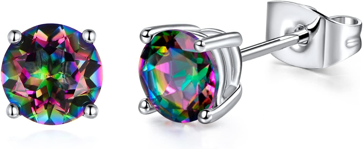 Created Rainbow Quartz Stud Earrings for Women Men 18K White Gold Plated Round/Square CZ Earrings Hypoallergenic Jewelry Gift