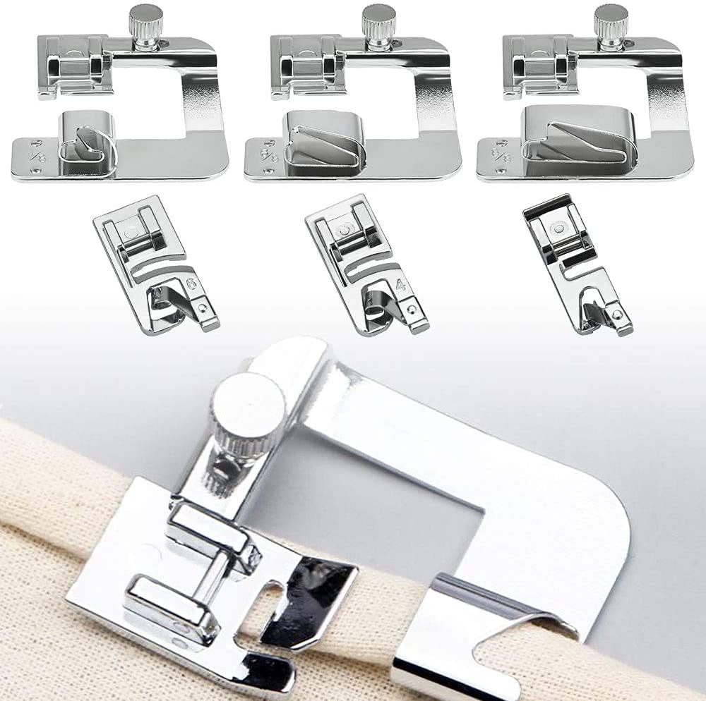 Syga Rolled Hem Presser Foot-6 Sizes 3 Wide Rolled Hem Foot -4/8, 6/8, 8/8Inch & 3 Narrow Foot Hemmer Set -3/4/6mm Hemming Presser Feet Set of 6, Stainless Steel-image-31