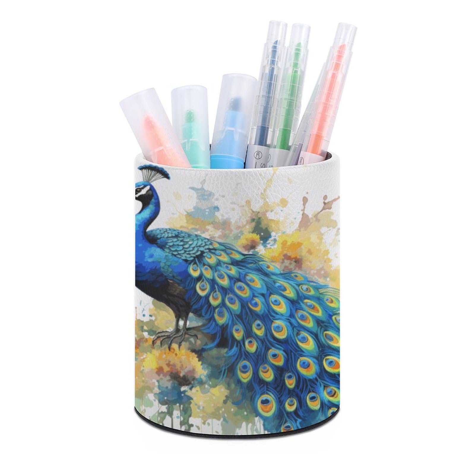 JTREHY Round Pen Holder,Peacock Watercolor Painting Printed Makeup Brush Storage Box for Home Office Dressing Table