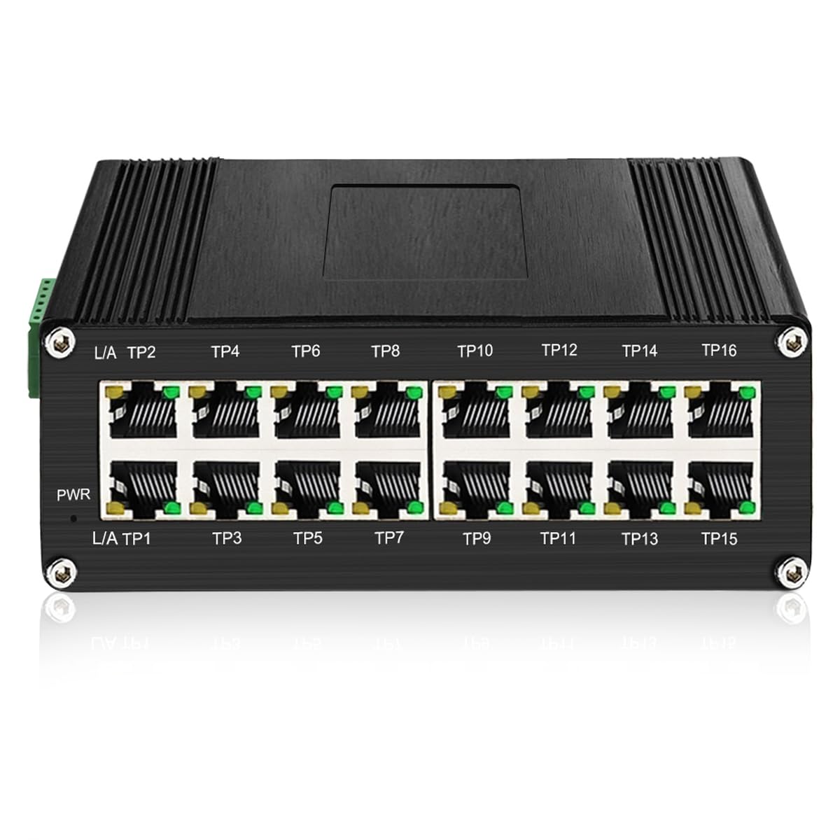 16-Port Gigabit Industrial Ethernet Switch, 10/100/1000Mbps, Redundant 12-48V DC Power, -40°C to 80°C Wide Temp, DIN-Rail Mount