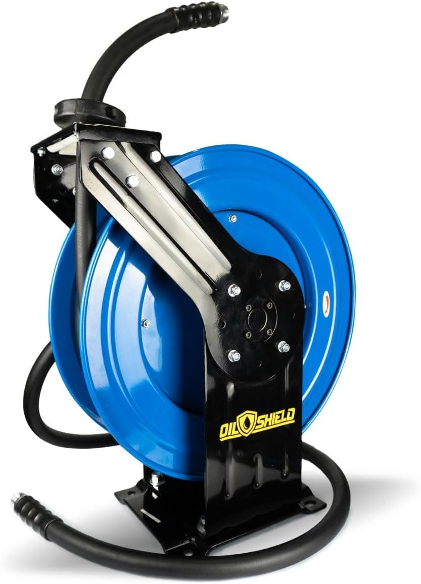 OIL SHIELD OSFHRONE40 Farm Fuel Hose Reel – Heavy Duty Assembly, 1" x 40' Rubber Hose, 1" MNPT, Static Wire, 100 PSI, Kink & Cold-Weather Resistant, Diesel & Gasoline Use