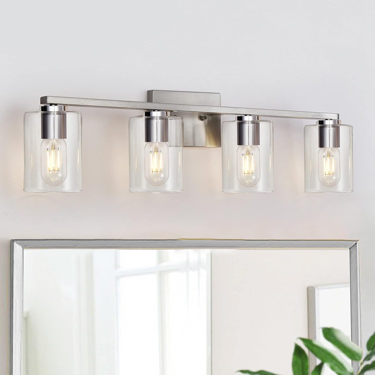 DRNANLIT 4-Light Bathroom Light, Brushed Nickel Vanity Lighting Fixture Over Mirror with Clear Glass Shade,Wall Lamp for Kitchen Living Room Bedroom (4-Light, Brushed Nickel) - - 