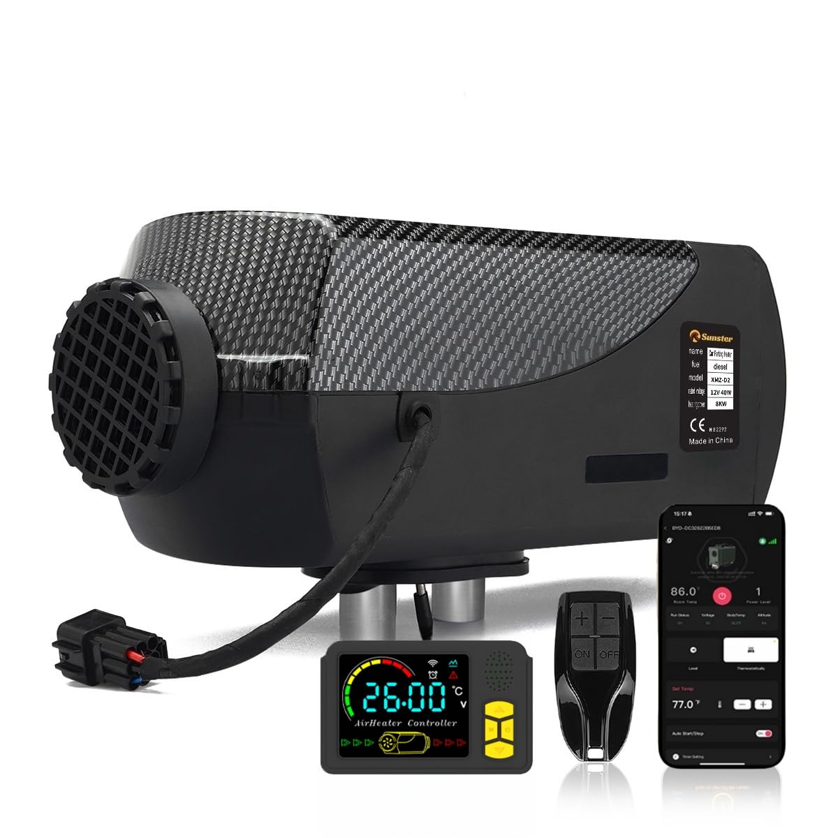 Chauffage split 2 kW avec Bluetooth et télécommande, 12 V/24 V, pour camping-car, fourgon aménagé et camion, réservoir de 10 L, autonomie de 80 h, pompe à huile silencieuse (35 dB), protection contr