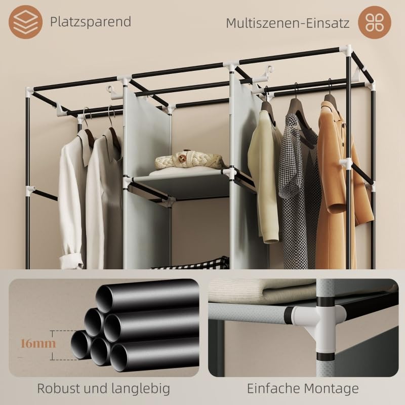 I0I&I0I Kleiderschrank Stoffschrank Faltschrank mit Reißverschluss & Kleiderstange, 3 Schubladen & 5 Ablagen, Faltbarer Garderobenschrank 125x43x162,5 cm für Schlafzimmer & Ankleidezimmer (Hellgrau)