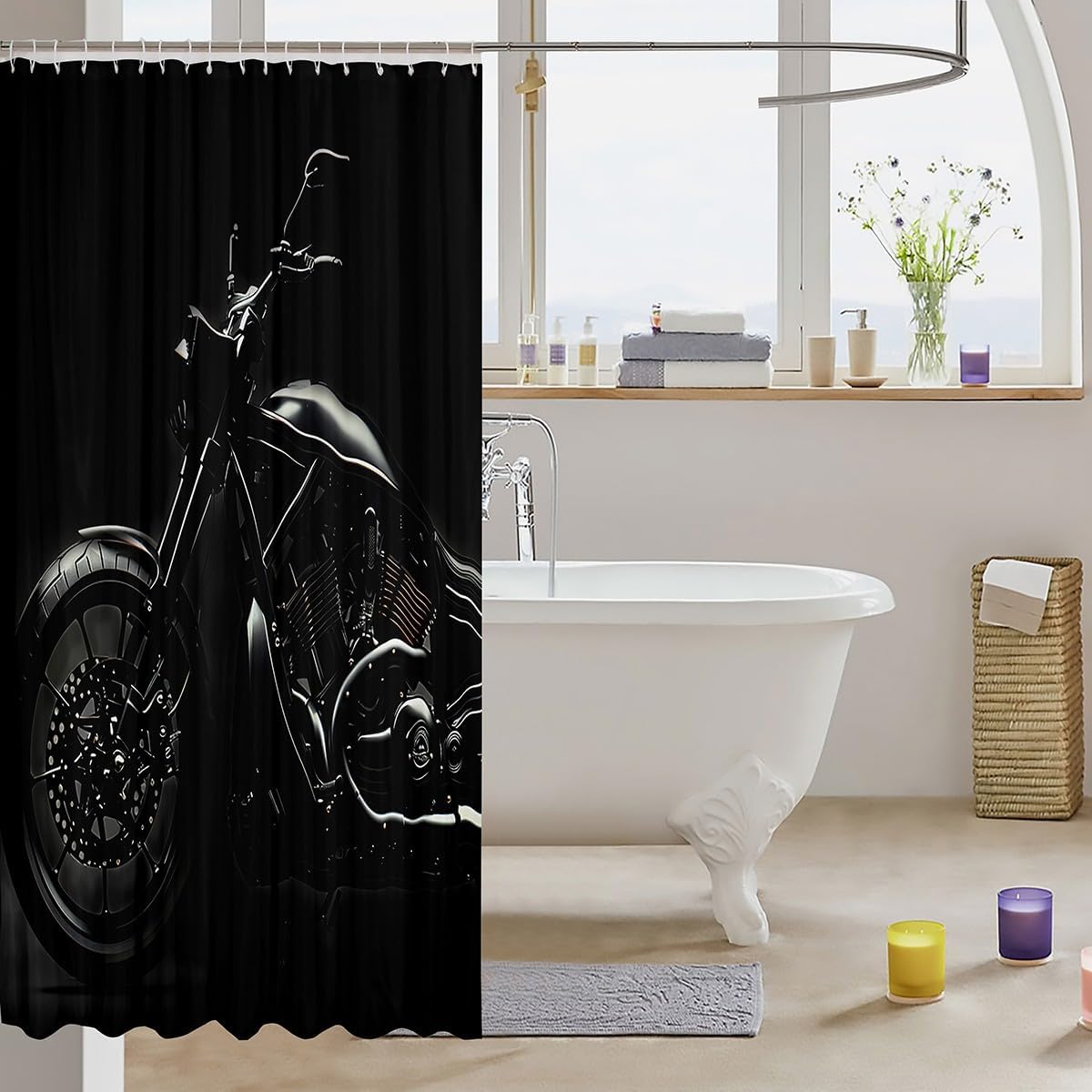 Homewish Black Cool Motorcycle Shower Curtain for Home Bathroom Dark Background Bathroom Decor Hooks Waterproof, 72Wx78L inch