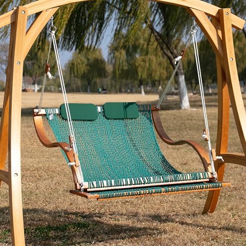 Image of SANIWERKE Porch Swing for 2, Double Hammock Swing with Footrest & S-Armrest, Adjustable Hanging, Durable Rope Net&Thick Wood, 650LBS, 50 inch Wide, Luxe Reclining Duo Swing for Patio Porch(Honey Meadow)