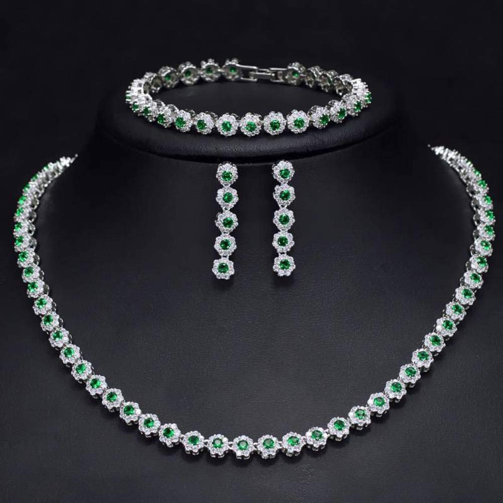 Collana Orecchini Set Di Anelli Set Di Gioielli per Donna Elegante Elegante Set da Sposa Orecchini Collana Bracciale 3 Pezzi 3A Zircone Collana in Oro Bianco Ipoallergenicoverde