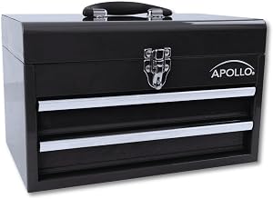 Apollo Tools 14 Inch Steel Tool Box with Deep Top Compartment and 2 Drawers in Heavy-Duty Steel with Ball Bearing Opening and Powder Coated Finish - Black - DT5010