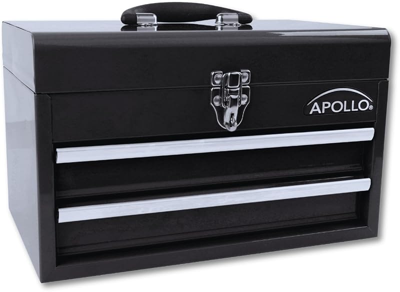 Apollo Tools Caja de herramientas de acero de 14 pulgadas con compartimento superior profundo y 2 cajones en acero resistente con apertura de rodamiento de bolas y acabado con recubrimiento en polvo negro