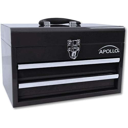 Apollo Tools 14 Inch Steel Tool Box with Deep Top Compartment and 2 Drawers in Heavy-Duty Steel With Ball Bearing Opening and Powder Coated Finish Black