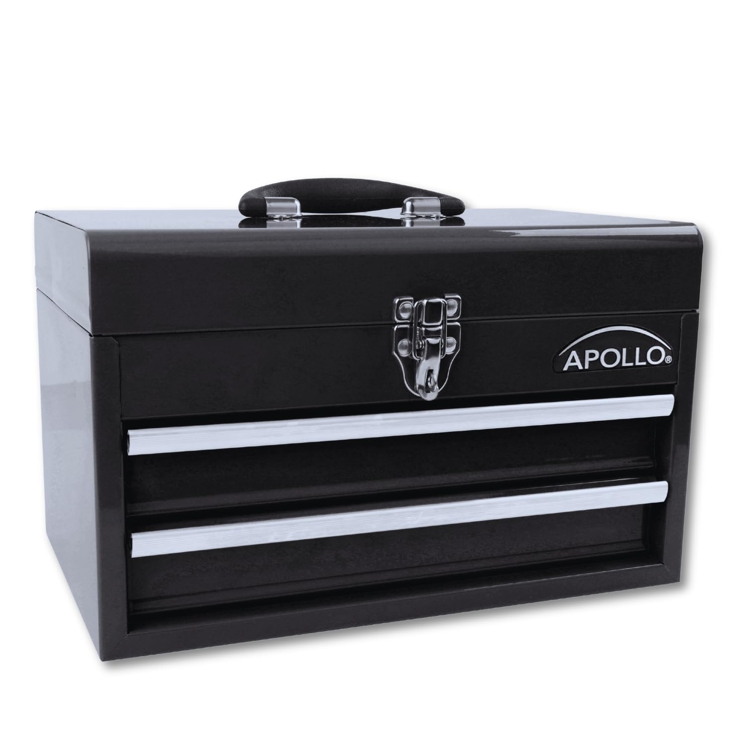 Apollo Tools 14 Inch Steel Tool Box with Deep Top Compartment and 2 Drawers in Heavy-Duty Steel With Ball Bearing Opening and Powder Coated Finish Black