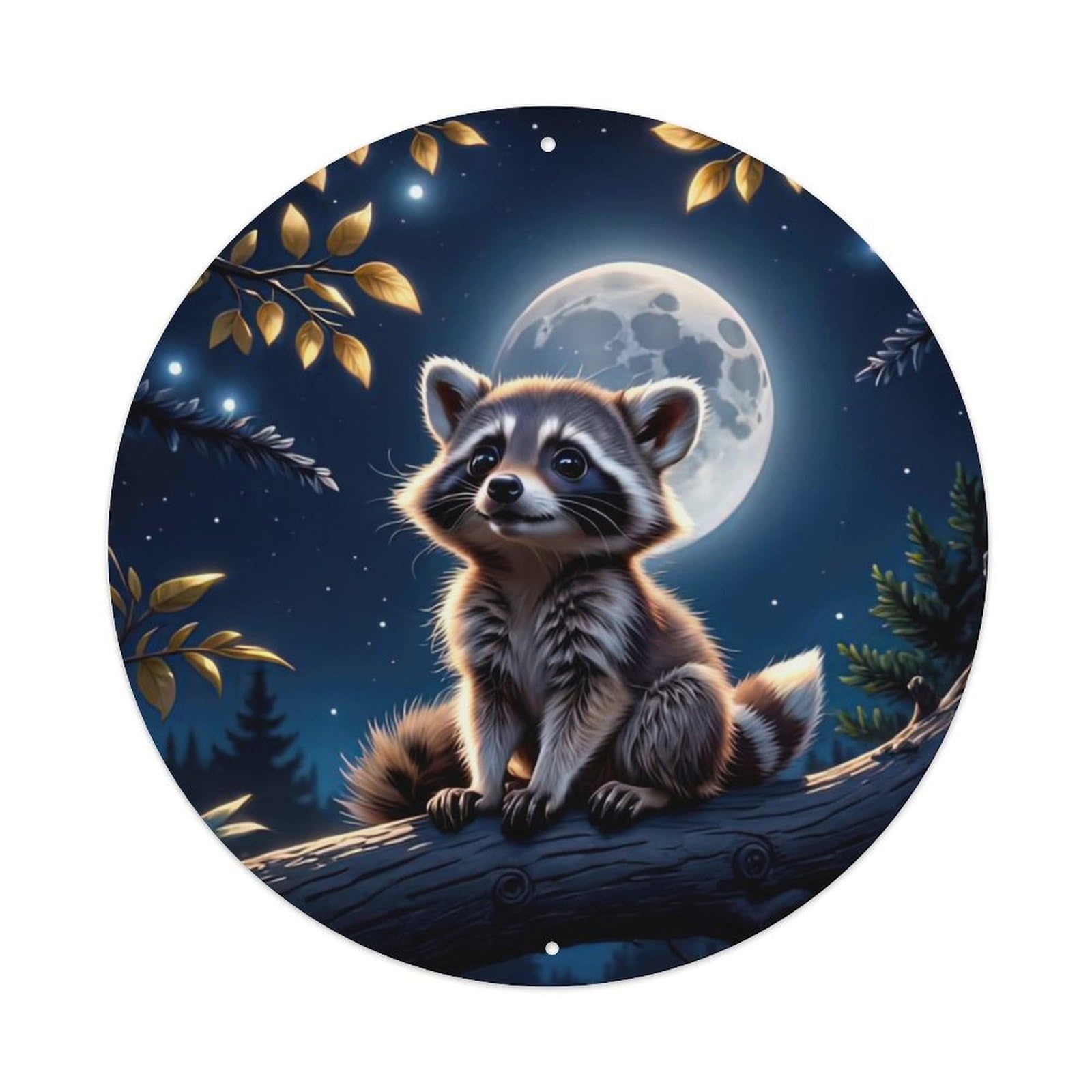 Wildlife Artwork Poster Raccoon Under The Moon Vintage Metal Tin Sign Plaque Wall Decor for Cafe, Club, Garden Round Metal Poster 8x8Inch