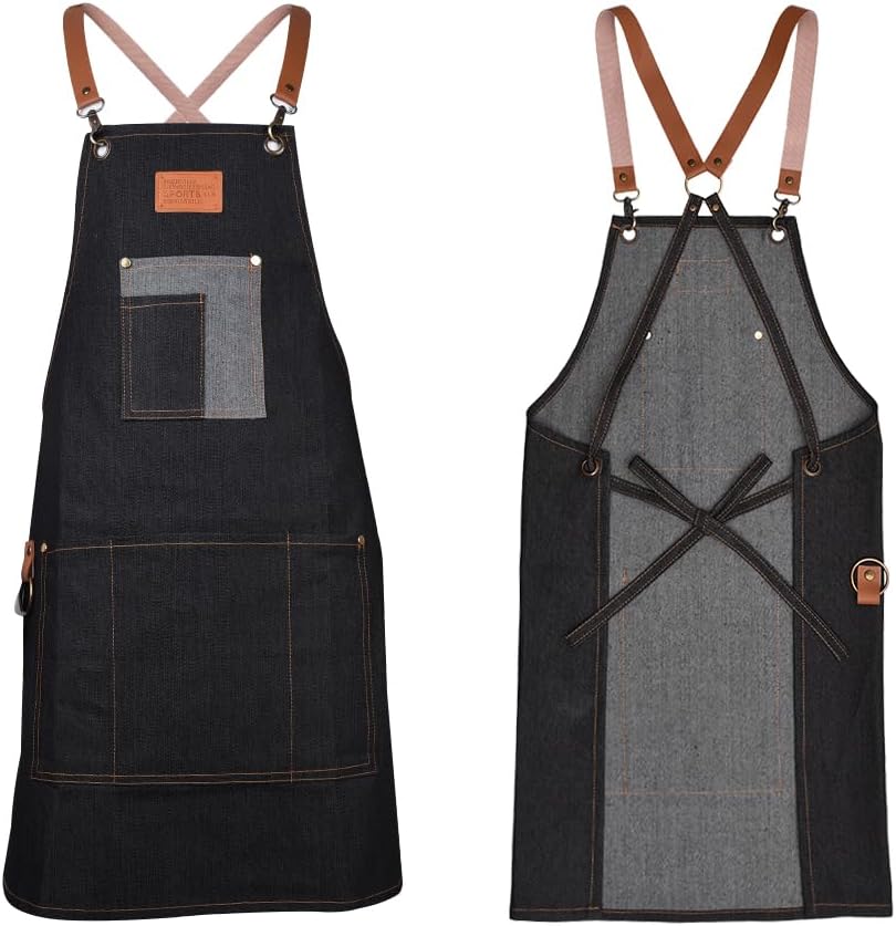 Work Apron - Black Denim Canvas Apron with Cross Back & Pockets, Waterproof & Adjustable for Carpenters, Gardeners, Chefs, Artists & Decorators
