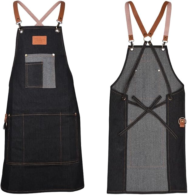 Lanthour Work Apron, Black Denim Canvas Aprons for Men, Cross Back Apron with Pockets, Waterproof Apron Durable & Adjustable, Apron Workshop for Carpenters Gardeners Chef Artists Decorators, Unisex