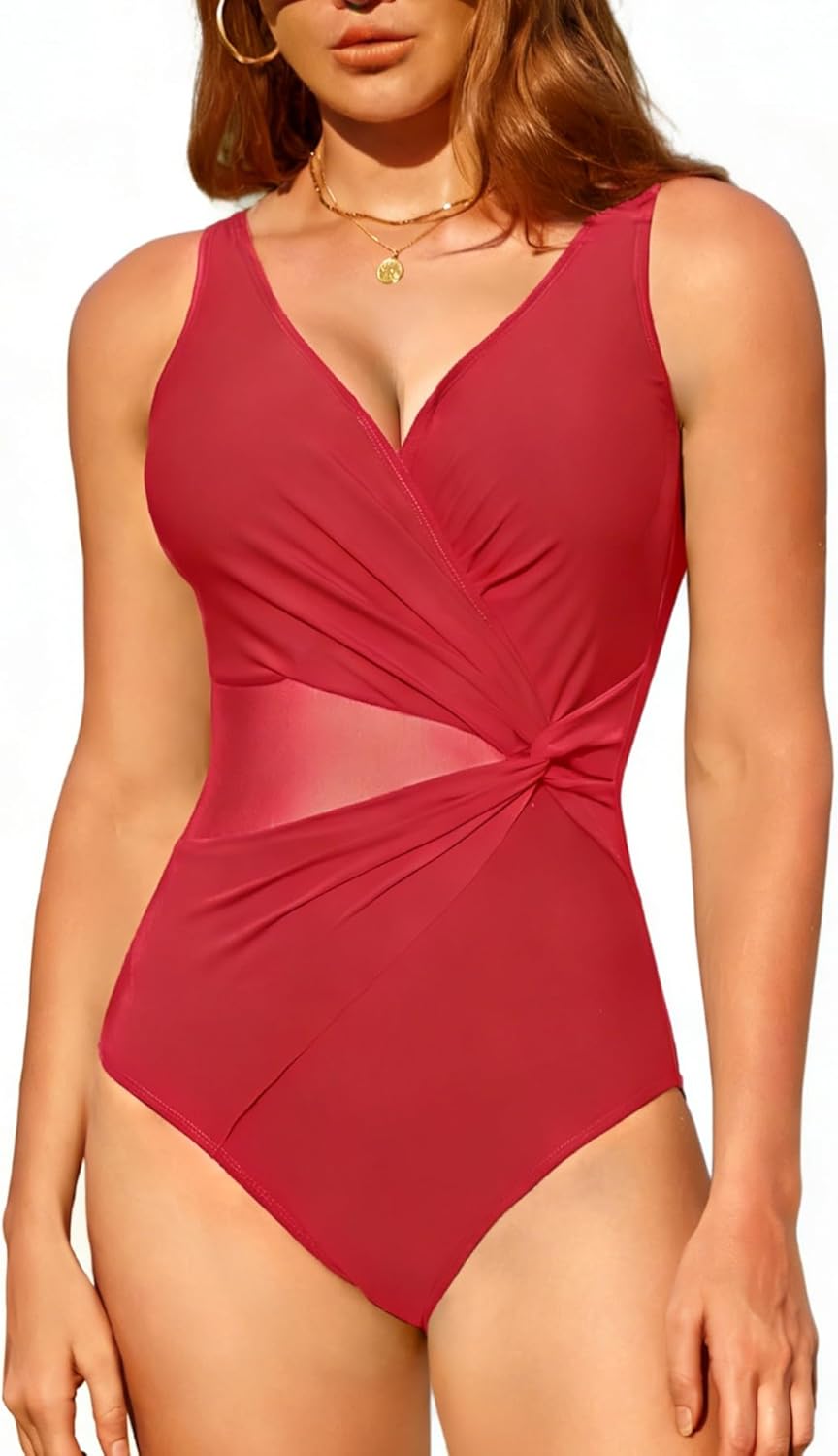 SHEKINI Women's One Piece Swimsuit V-Neck Sexy Mesh Swim Suit Twist Tummy Control Bathing Suits Monokini Swimwear