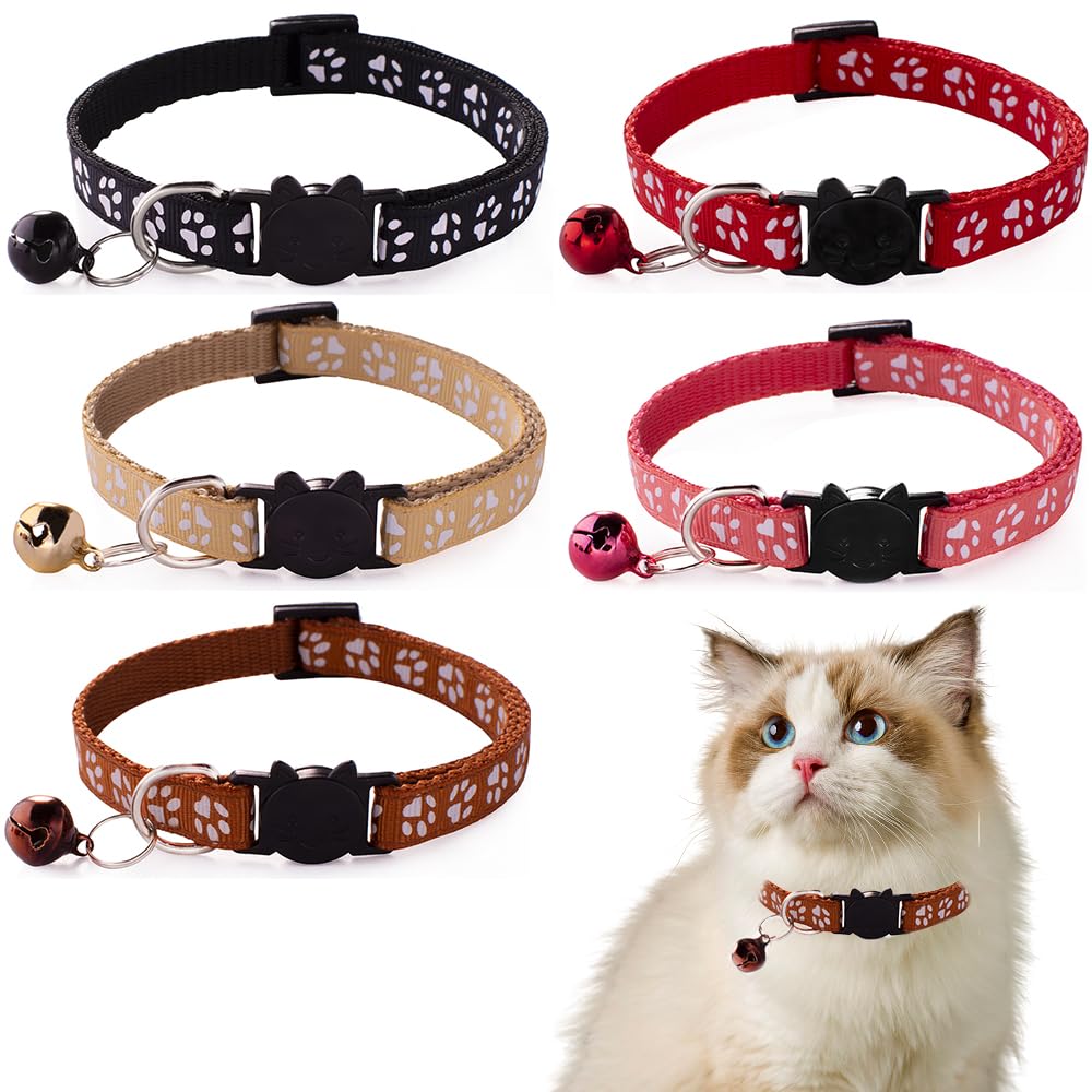 5 Piezas Collar Gato Antiahogo Diseño Gato Con Hebilla de Seguridad Collar Gato Con Campana Collar Gato Tamaño Ajustable (5 Colores)