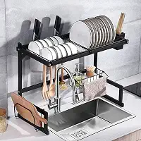 Escorredor de Louça Suspenso 2 Andares Inox Preto 65cm com Porta Talheres e Suporte para Pratos, Copos e Utensílios – Organizador de Pia Ajustável e Resistente