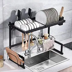 Escorredor de Louça Suspenso 2 Andares Inox Preto 65cm com Porta Talheres e Suporte para Pratos, Copos e Utensílios – Organizador de Pia Ajustável e Resistente